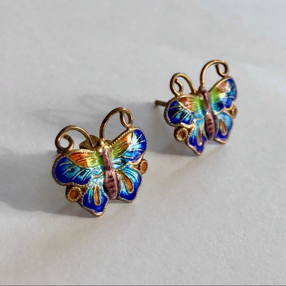 Gold Enameled Butterfly Earrings